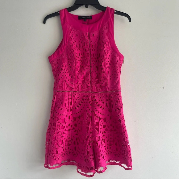 Adelyn Rae Pink Cutout Lace Romper hot pink 22160 - Picture 3 of 9